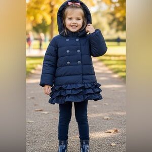Baby Gap dark blue hooded coat,double breasted,ruched hemline,quilted pattern 3T